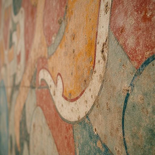 Dettaglio ravvicinato di un antico affresco romano restaurato, colori tenui