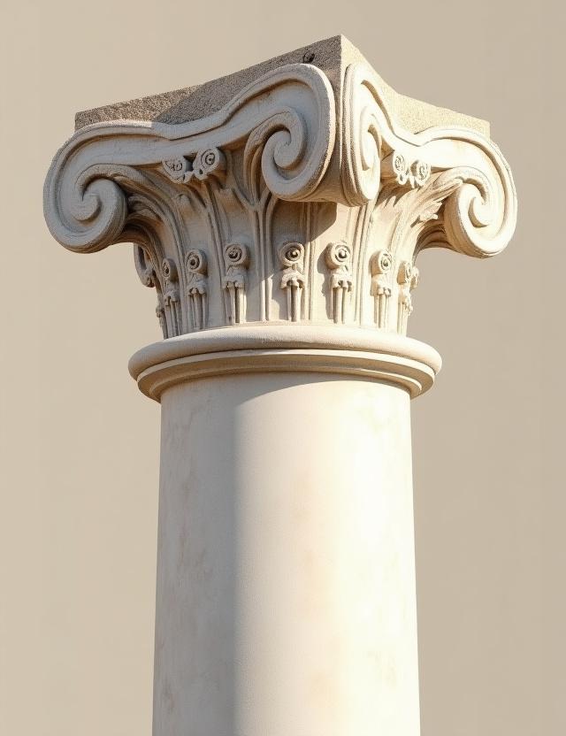 Dettaglio di una colonna romana antica, marmo bianco con incisioni intricate