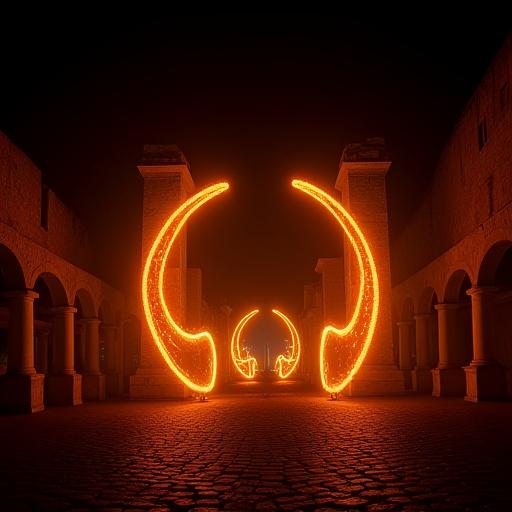 Installazione artistica luminosa a forma di simboli mitologici, colori caldi