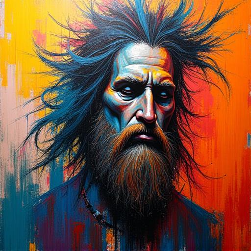 Dipinto moderno con colori vivaci che reinterpreta un mito greco, stile astratto