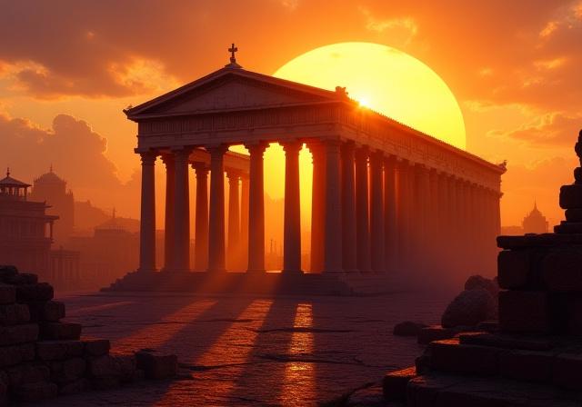 Antico Tempio di Giove risplendente al tramonto, immagine evocativa
